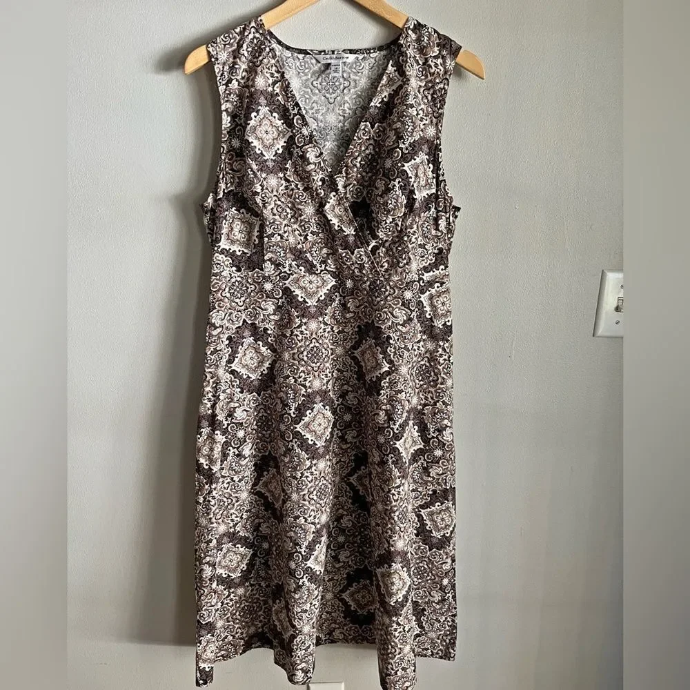 Croft & Barrow Brown Medallion Print Stretch Cotton Sleeveless Dress M-L